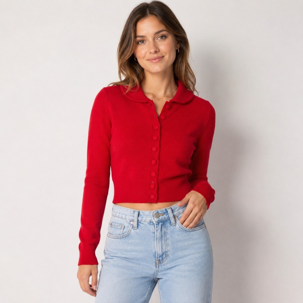Zara Womens M Red Cropped Knit Cardigan Button Front Collared Sweater